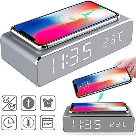 Réveil Numérique Avec Chargeur À Induction Sans Fil Horloge Avec Affichage Digital Lumineux LED Pour Heure Date Et Température Réglable Pour Ios (1/5)