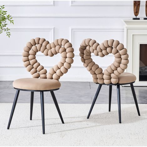 Sedia da pranzo in velluto Camel, design a cuori traforati, gambe in metallo nero, set da 2,44×54×81cm (1/5)