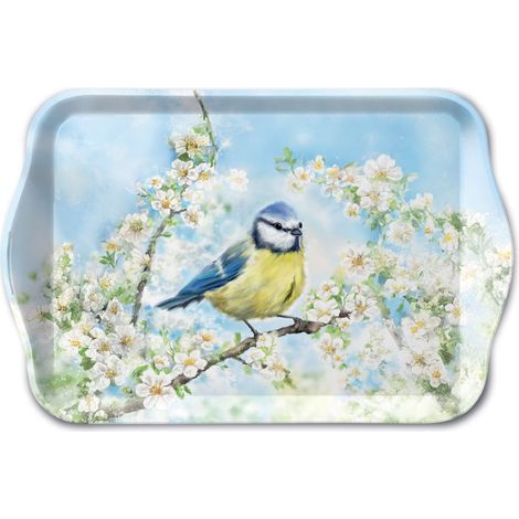 Mini plateau rectangulaire en mélamine mésange et fleurs