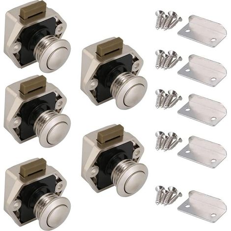 Loquet sans Clé, 5pcs Bouton Poussoir Loquet,Bouton Poussoir tiroir Porte pour Caravane Camping Cabinet Armoire Yachts Voitures Ambulances Meubles Portes Serrure Presse(Nickel Perlé) (1/5)