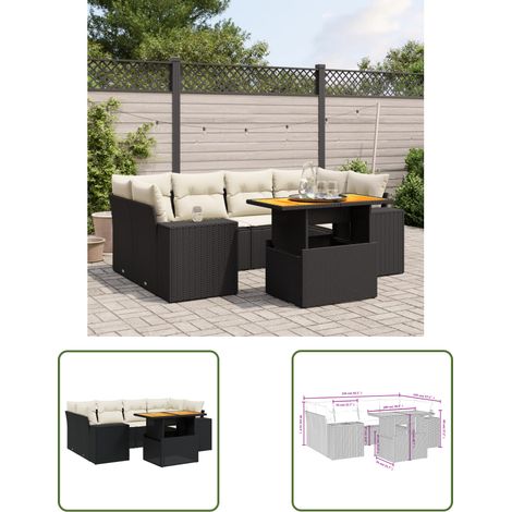 The Living Store Salon de jardin 7 pcs avec coussins noir résine tressée - Ensemble Salon De Jardin - Meuble Extérieur - Résine Tressée - Rotin Synthétique - Table Extensible (1/3)