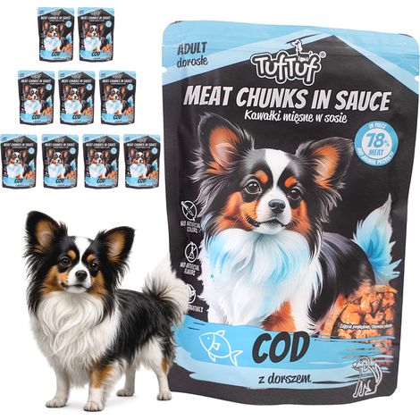 Comida húmeda para perros TufTuf Bacalao en sobre de 10 x 100 g con trozos de carne seca (1/3)