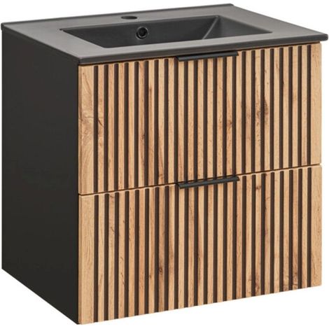 Ensemble de salle de bain KINOKO : meuble sous vasque à tiroirs 60cm + vasque à encastrer noire + siphon