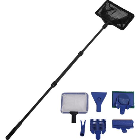 Kit de nettoyage pour aquarium multifonctionnel et efficace : râteau à gravier, grattoir à algues, fourche à plantes, brosse éponge, épuisette. Outil de nettoyage 5 en 1 pour aquarium. (1/5)
