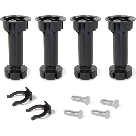 Ensemble de 4 pieds réglables en plastique noir, 100 mm, avec accessoires pour cuisine/salle de bain