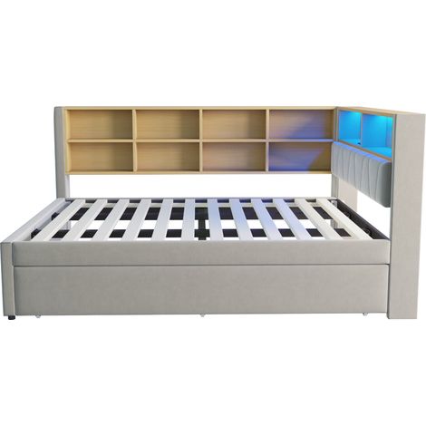Cama nido multifuncional 140 x 200 con litera 90 x 190, LED, enchufes, gris claro MODENUIT (1/5)