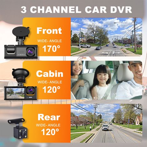 Dash cam anteriore e posteriore con 3 telecamere: 1080P, 720P, 480P, specchietto retrovisore, visione notturna (1/5)