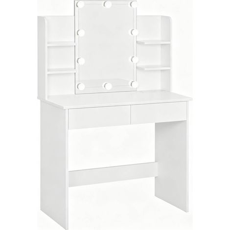 Weißer Schminktisch mit Spiegel und LED-Beleuchtung, 2 Schubladen, 90 x 135 x 40 cm (1/5)