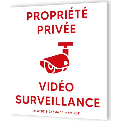 Pancarte vidéo surveillance propriété privée - Panneau signalétique Dibond blanc - Picto rouge - 20x20 cm, 3 mm, fixation multiple (1/5)