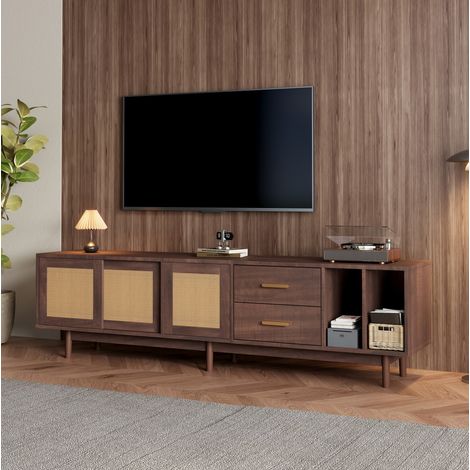 TV-Lowboard 190x40x52 cm braun aus MDF mit Rattantüren, 2 Schubladen und 6 Beinen (1/5)