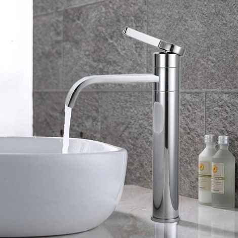 Grifo de fregadero de baño cromado, Grifo alto giratorio 360° - Mezclador de lavabo de latón cromado diseño moderno para baño (1/3)