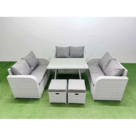 Fimous Rattan Garden Furniture Dining Set 8-seater Patio Rectangular Table Love Sofa Set with 2 Small Stools (1/4)