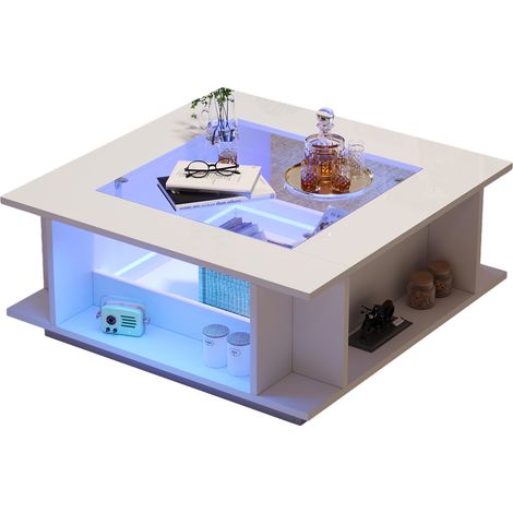 Table basse carrée 70 x 70 x 30 cm blanche avec plateau en verre, finition laquée brillante, LED intégrée et rangement, en panneaux de particules - CHICFURN (1/5)
