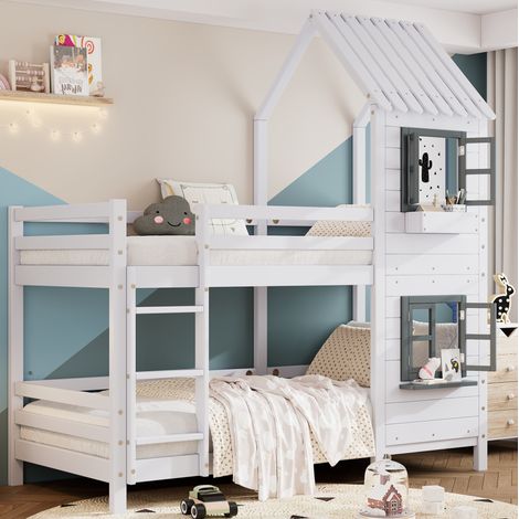 Lit superpose enfant style maison 90x200 cm, bois massif et MDF blanc/gris, avec fenetres, echelle a main courante et barrieres (1/5)