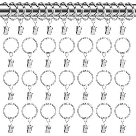 Anneaux pour Rideaux,30 pcs Anneau Rideau avec Pinces,32mm Clips de Rideau Anneaux,Argent Crochet Rideau,Anneaux pour Tringle à Rideaux,Métal Drapé Clip Crochets,Crochet Rideau pour la Bain,Balcon (1/5)
