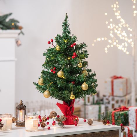 Árbol de Navidad artificial 60 cm verde con LED cálidos, bolas doradas y bayas decorativas (1/5)