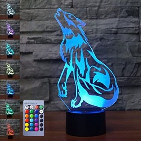 Lampe de table veilleuse loup 3D, illusion d'optique, 16 couleurs LED changeantes, décoration pour Noël, la maison, un anniversaire ou pour les enfants, jouet cadeau (1/4)