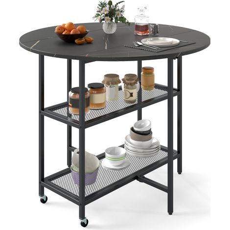 COSTWAY 100cm Round Kitchen Table Modern Dining Table w/Drop Leaf Tabletop-Black (1/5)