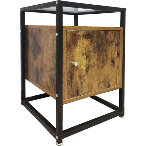 Tavolino Divano Mobiletto Comodino in Metallo Legno e Vetro con Anta e Ripiano (1/4)