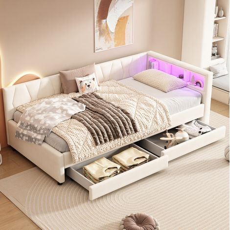 Daybett 90/200 cm beige aus Leinen und MDF mit LED, USB-C und Schubladen (1/5)