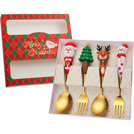 Juego de 4 cucharas y tenedores navideños: árbol de Navidad, Papá Noel, muñeco de nieve, reno, tenedores de té, tenedores de sopa, tenedores de café, cucharas para mezclar, tenedores para ensalada de (1/5)