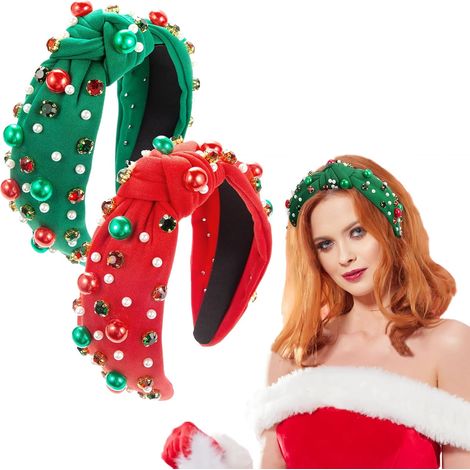 Lot de 2 bandeaux de Noël avec strass et perles, nœud papillon, accessoire de cheveux pour femmes, idéal pour les fêtes costumées et les cadeaux de Noël pour enfants et adultes. Large bandeau rouge et (1/5)