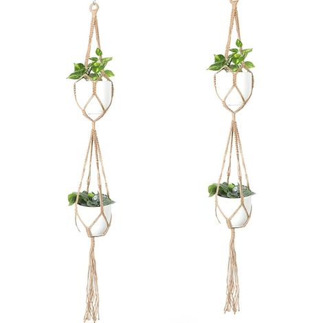 Lot de 2 suspensions doubles en macramé de 150 cm pour pots de fleurs à suspendre avec pompons et corde en coton (1/5)