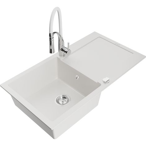 Mexen Leo fregadero de granito 1-cubeta con escurridor y grifo de cocina Aster, blanco - 6501-20-73450-02 (1/5)