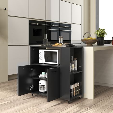 Carrito de cocina de madera con estante abierto, armario y estante lateral, 75x40x80,5 cm, negro. (1/5)