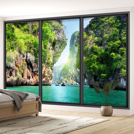 Papier peint panoramique Trompe l'oeil baie vitrée - Coin paradisiaque - 130 cm x 78 cm (1/5)