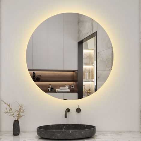 Aica Miroir de salle de bain LED rond de 80 cm avec rétro-éclairage sans cadre, tricolore + anti-buée + mémoire + gradation infinie