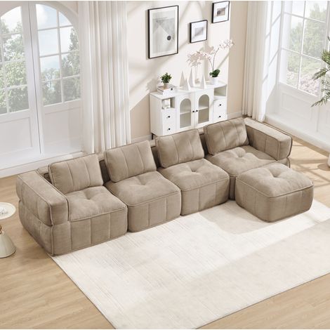 Sofá rinconero modular de 4 plazas con pouf, espuma 32D, tejido de poliéster arena OKMYHOME (1/5)
