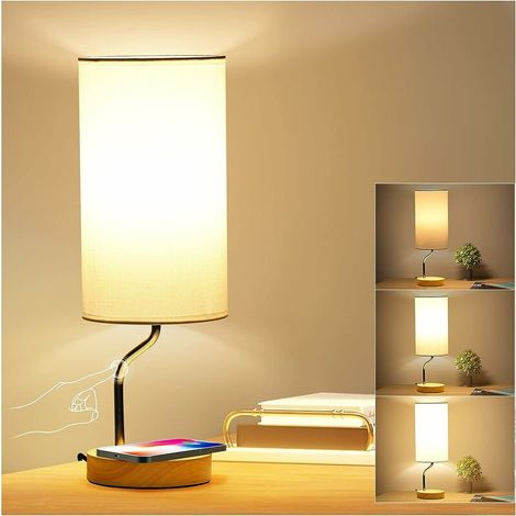 5-W-Touch-Nachttischlampe mit kabellosem Ladegerät – 3 Helligkeitsstufen, USB-Anschluss, Beige (1/4)