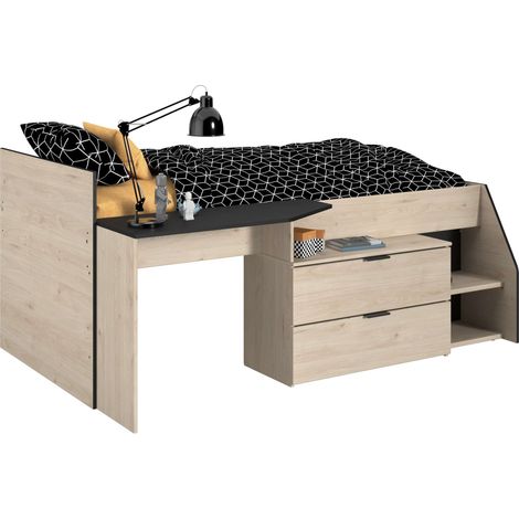 Cama Valky con escritorio 2 cajones habitación infantil color roble y negro dormitorio mueble 90X200/190 cm