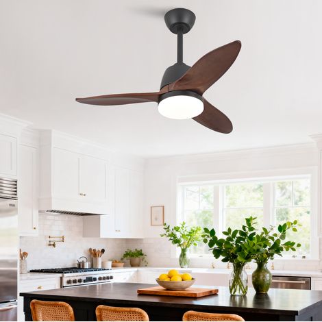 Ventilator Deckenventilator Ø91,4 cm mit 3 Massivholzflügeln, reversiblem DC-Motor, dimmbarer LED-Leuchte in 3 Lichtfarben, Schwarz/Dunkelnuss (1/5)