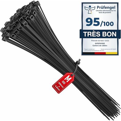 Collier de Serrage 300 mm x 4,8 mm, Attache Câble, Serre Câbles Nylon, Colliers Serre-Cable 300mm, Noir (1/5)
