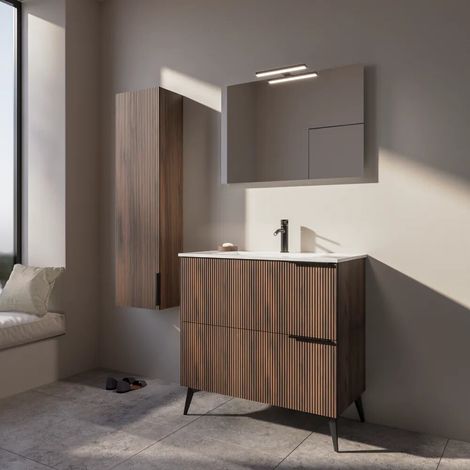 Meuble de salle de bain au sol cannelé 90 cm chêne foncé 2 tiroirs avec lavabo en céramique pieds noir mat Fuji (1/3)