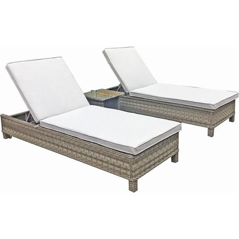Signature Weave Sarena Wicker 2x Sun Lounger Bed Chair &Side Table Grey Victoria (1/2)