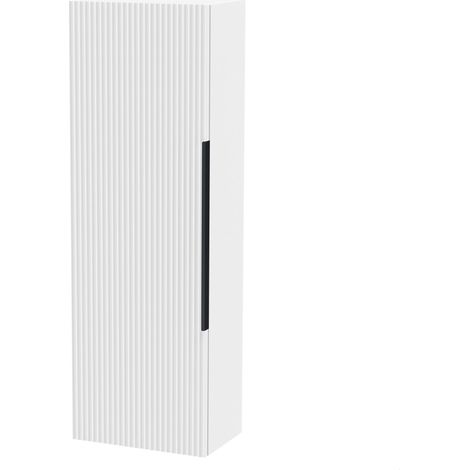 Fluted Front Wall Hung Single Door Tall Bathroom Storage Unit, 400mm, White, Black Handle
