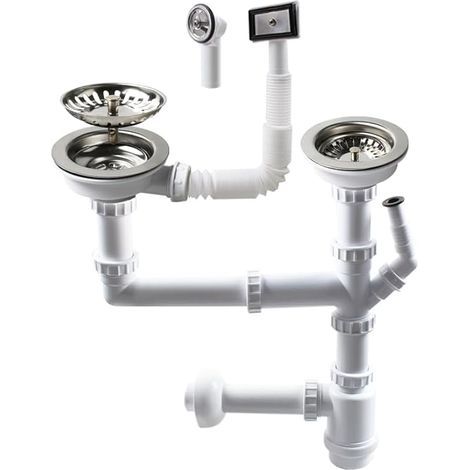 Siphon double de 114 mm pour évier avec raccord pour lave-vaisselle, siphon, siphon double pour évier, adapté pour évier avec une ouverture de 84-90 mm Z7052C006 (1/5)