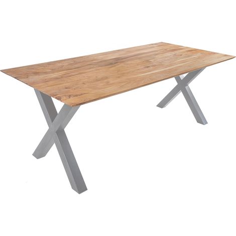 Esstisch 180x90 cm Akazie massiv eichenfarben schweizer Kante X-Gestell silber DEAN (1/5)