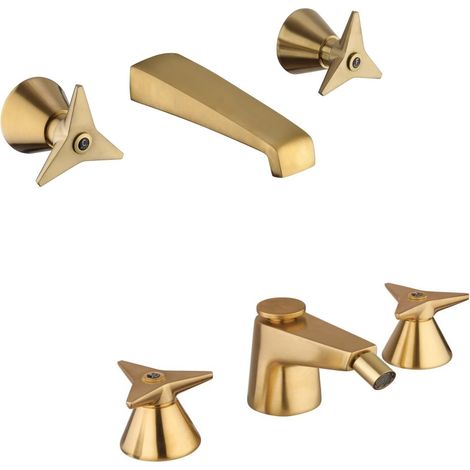 Wandmontiertes Waschbecken- und Bidetmischer-Set mit 3 Löchern, Farbe Messing gebürstet, Mamoli Gio Ponti KITGIOG5 (1/3)