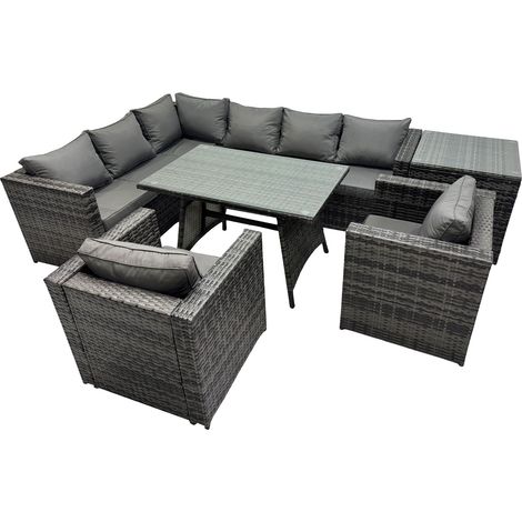 Fimous 8-seater Outdoor PE Rattan Sofa Set with Dining Table Patio Garden Furniture Sets with 2 Chair Side Table Dark Grey Mixed (1/5)