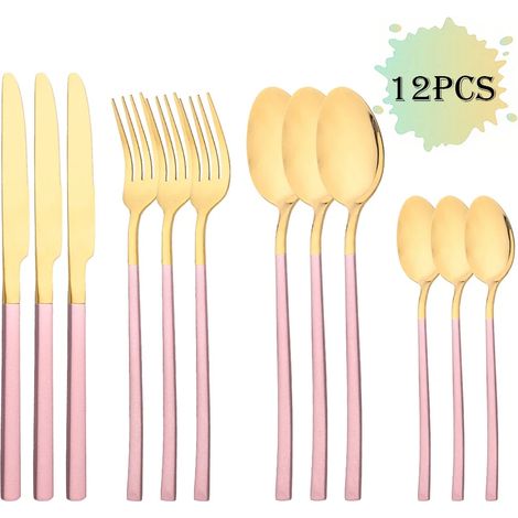 (Or rose, ensemble de couverts 12 pièces en acier inoxydable, comprenant couteau, fourchette et cuillère à café)