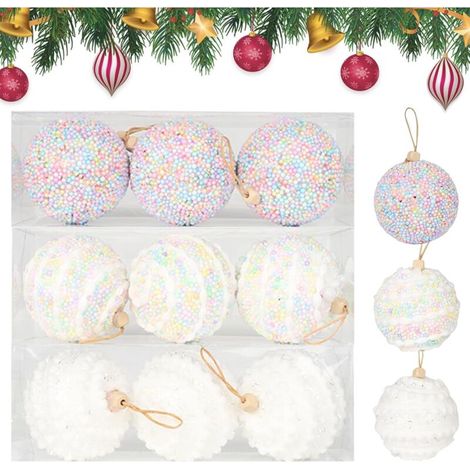 Lot de 9 boules de Noël macaron en plastique incassable - 8 cm - Pendentif de Noël - Décoration de sapin de Noël - Paillettes - Rose et blanc (1/5)