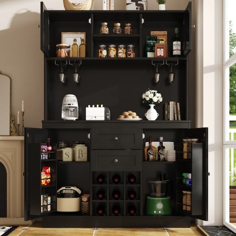 Credenza da cucina alta con ripiani regolabili e portabottiglie, mobile a 4 ante con 2 cassetti, arredo per cucina/soggiorno, nero