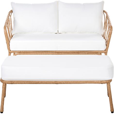 Sofá de jardín 2 plazas con banco patas de acero cojines blanco crema muebles de exterior de ratán sintético marrón claro Follo (1/5)