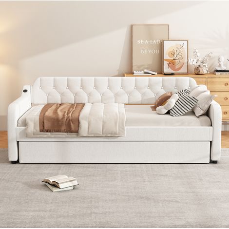 Letto divano moderno 90x200 cm in lino beige con letto estraibile, presa USB e rete a doghe (1/5)