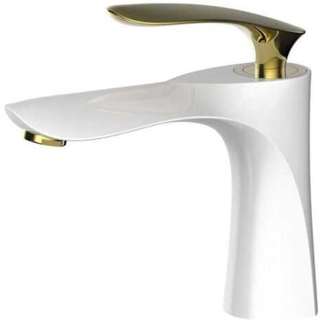 BARKBUSTERS Robinet de lavabo de salle de bain au fini blanc Mitigeur chromé doré Lavabo à montage sur pont à Robinet en laiton à double finition （avec tuyau） (1/4)