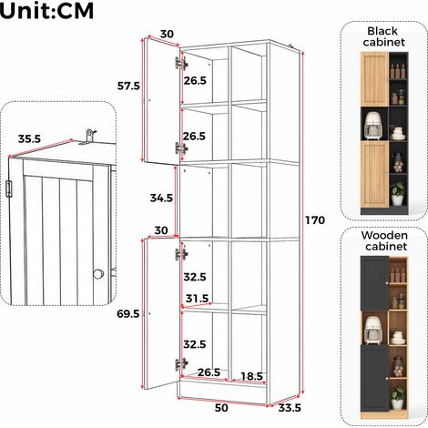 Eckschrank Küche Hochschrank mit 6 offenen Regalen,2 Türen und verstellbaren Einlegeböden,schmaler Küchenregal Schrank für Küche,Esszimmer und Wohnzimmer,Kippschutz,50×35,5×170cm,Anthrazit/Eiche (1/5)